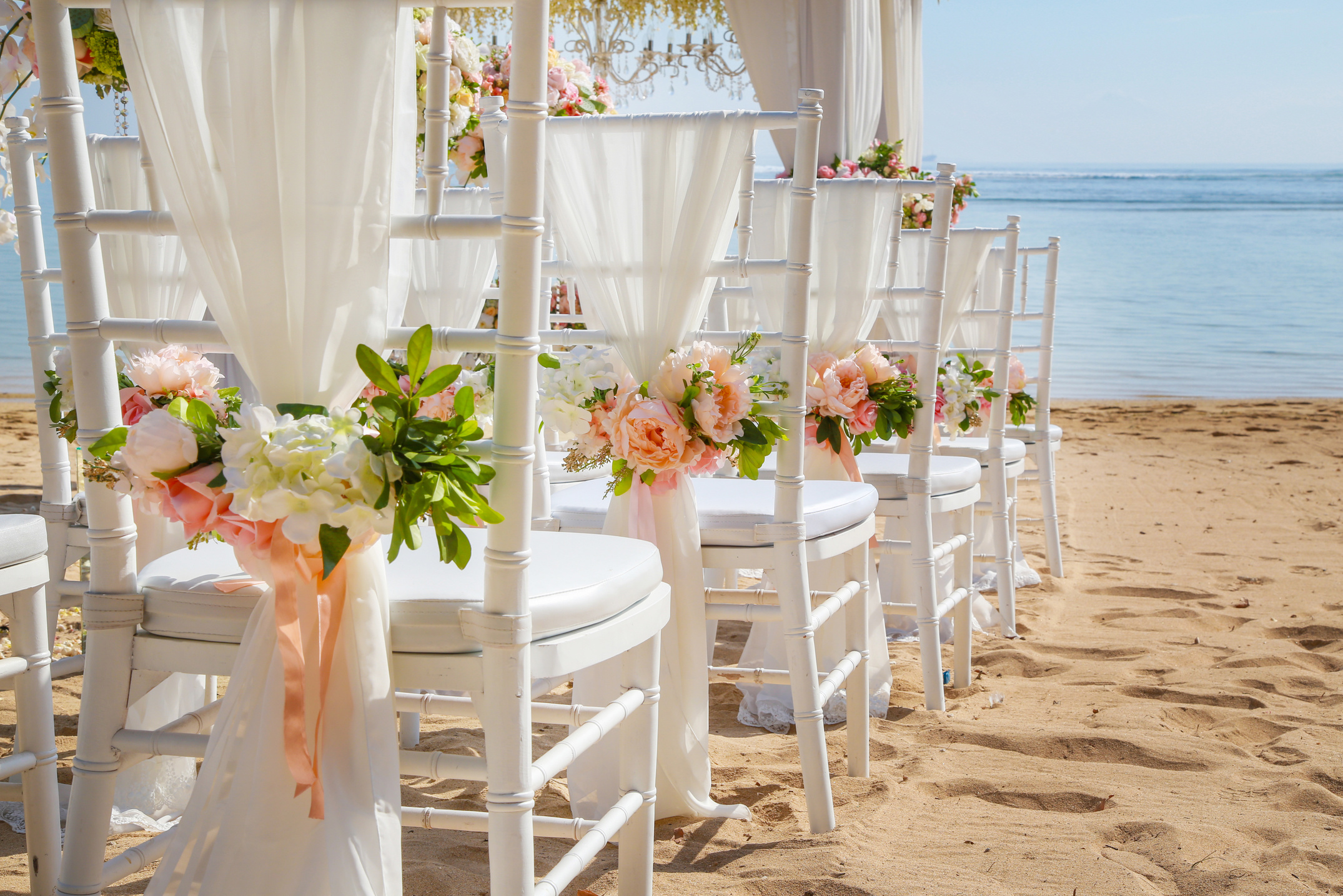 Wedding set up on beach. Beautiful tropical outdoor wedding party on beach